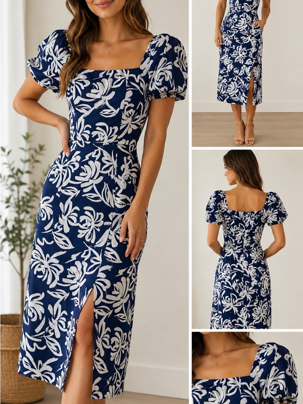 Square Neck Navy Floral Midi Dress